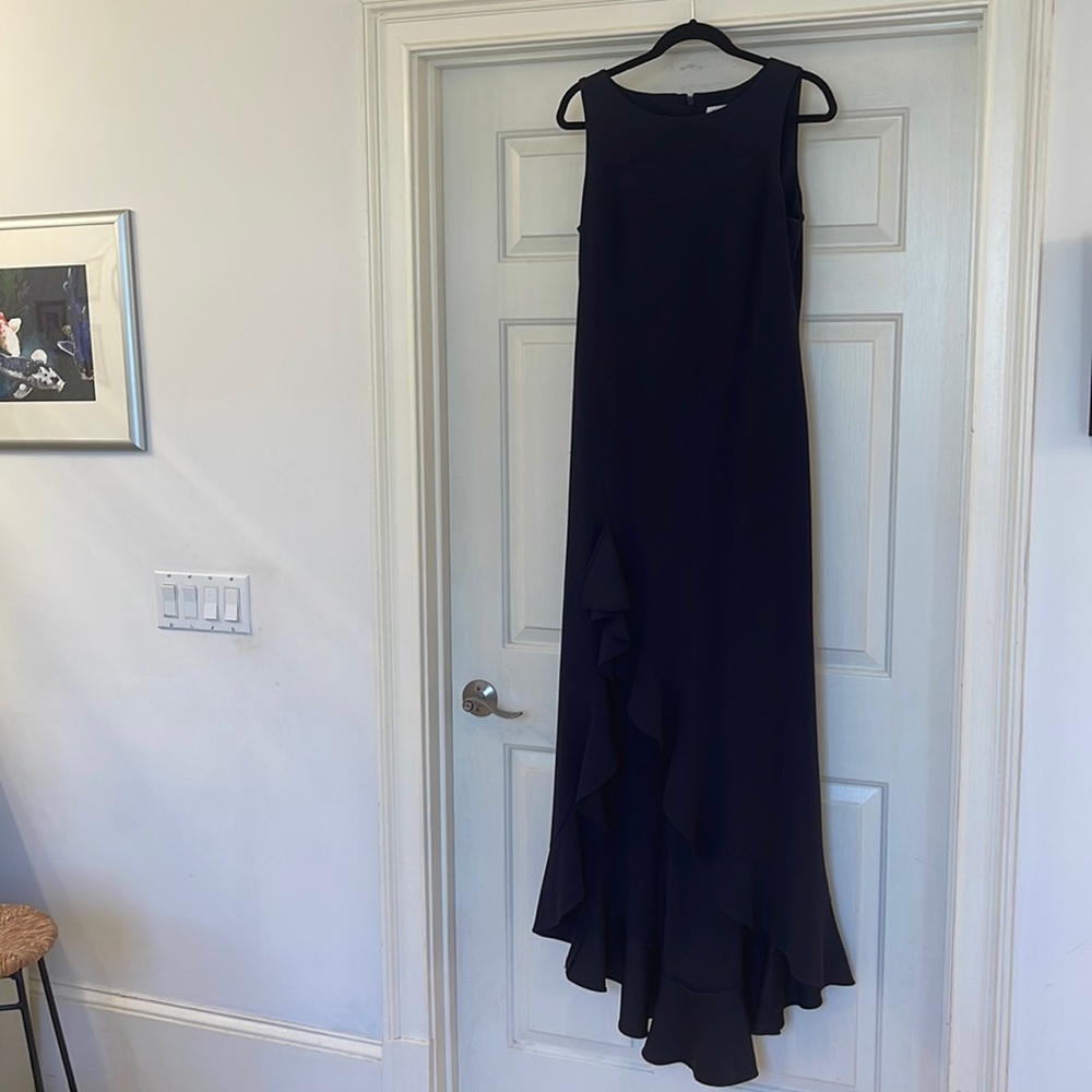 Navy blue formal gown by Calvin Klein.